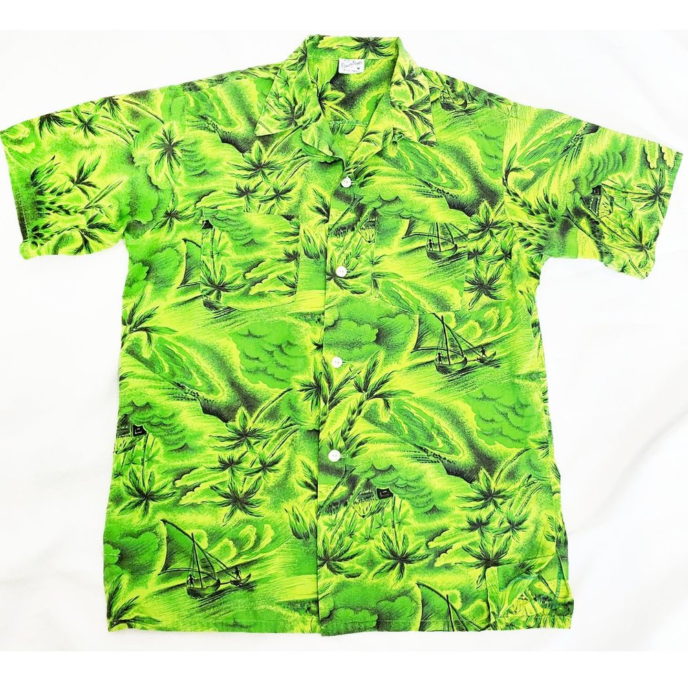 Vintage Princess Peggy Mens 1950s Hawaiian Hawaii Shirt Green L/XL